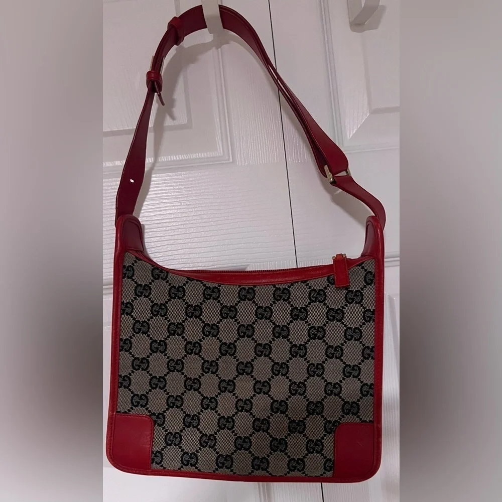 Gucci Vintage GG Monogram Canvas and Red Leather Shoulder Bag